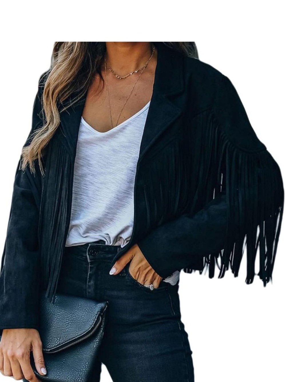 Black Fringe Faux Suede Leather Jacket - Women's Western-Inspired Coat